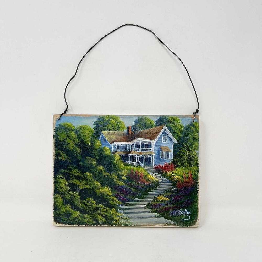 Handpainted Victorian House on Wood Hanging Wall Art Decor Blue Green Cottage